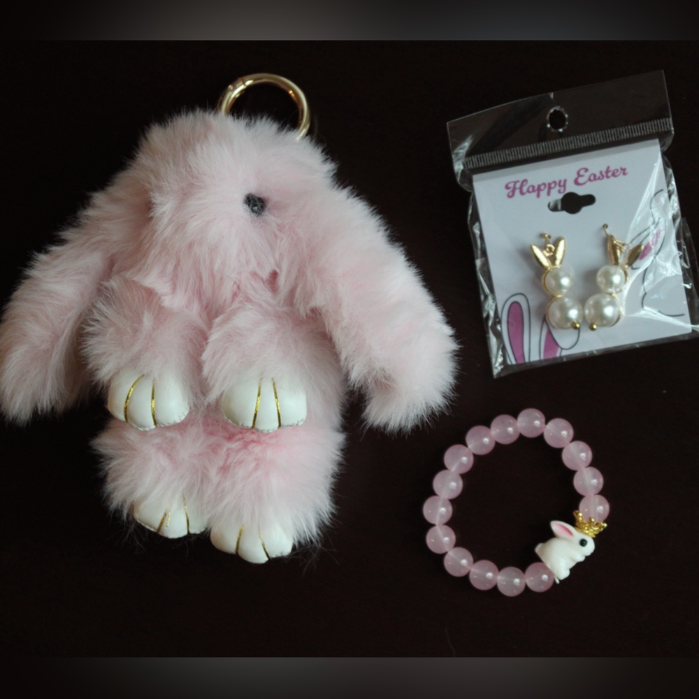 Pink Bunny Bundle Bag Charm Keychain Plush Rose Quartz Bracelet Bunny Earrings